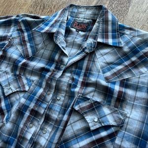 Plains Western Wear Short Sleeve Pearl Snap Blue Plaid Shirt Mens Small Classic